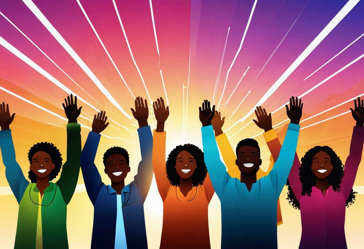 A vibrant illustration of a diverse group of individuals celebrating together, interconnected by glowing lines symbolizing the Alonon network, with them raising their hands in joy and embracing support. Include elements of technology like smartphones and laptops, surrounded by floating icons representing communication and teamwork. The backdrop features an uplifting sunrise to symbolize new beginnings and elation. super-realistic. vibrant colors. 3D.