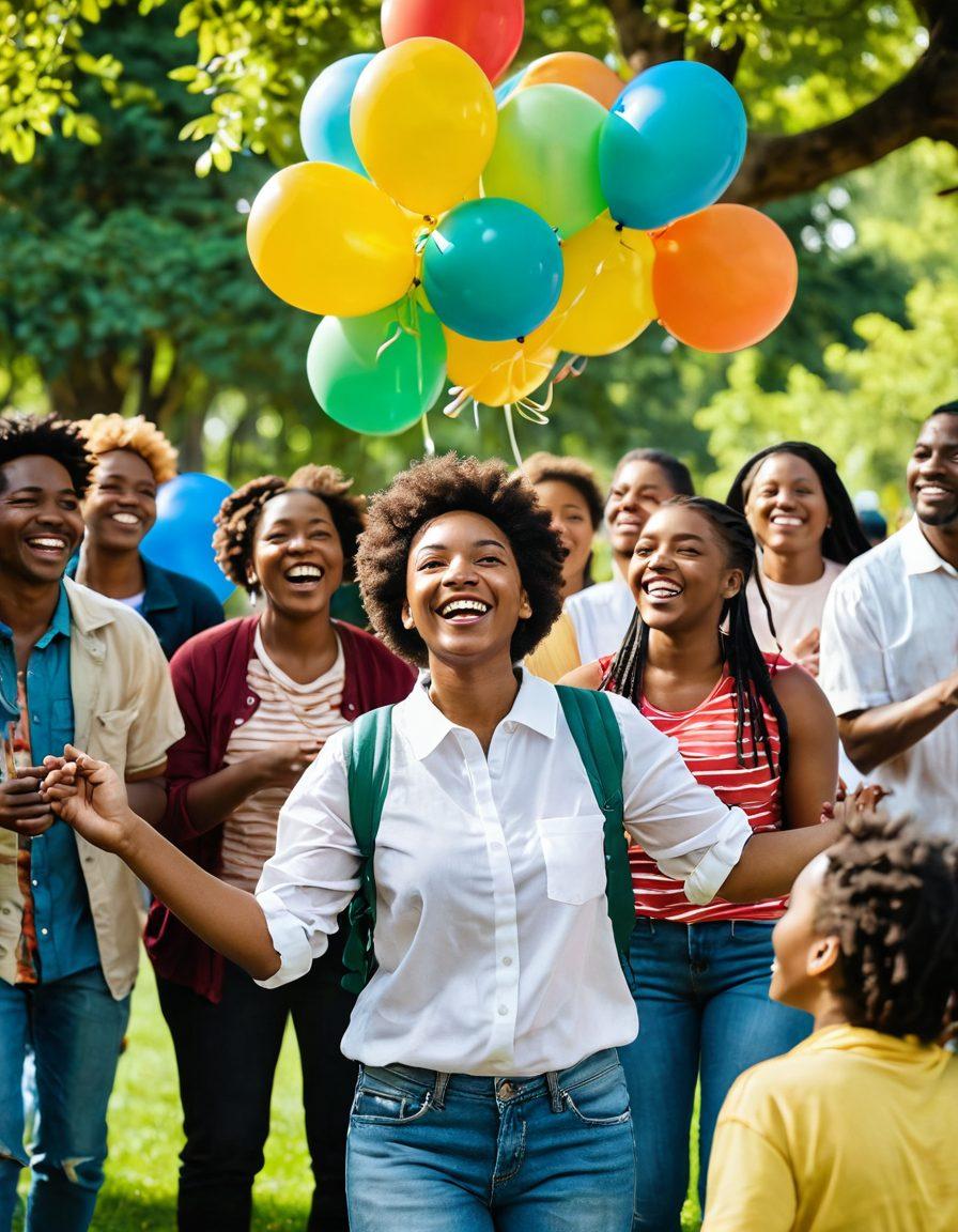 A vibrant community gathering with diverse Alonon members joyfully engaging in activities like singing, dancing, and sharing stories in a lush green park. Bright balloons and cheerful decorations surround them, while sunlight filters through the trees, creating a warm and inviting atmosphere. Focus on the smiles and expressions of happiness on their faces. The scene captures a sense of togetherness and joy. super-realistic. vibrant colors.