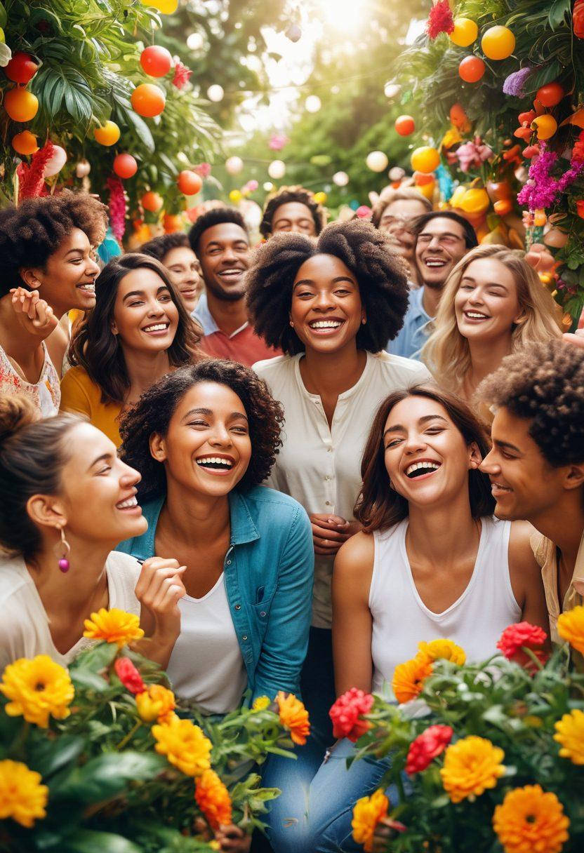 A vibrant and joyful community gathering filled with diverse people laughing and sharing experiences, surrounded by colorful decorations and warm sunlight. Show elements of togetherness like smiling faces, playful activities, and open arms, emphasizing the theme of happiness and connection. Incorporate lush greenery and bright flowers in the background to symbolize growth and joy. super-realistic. vibrant colors. warm atmosphere.